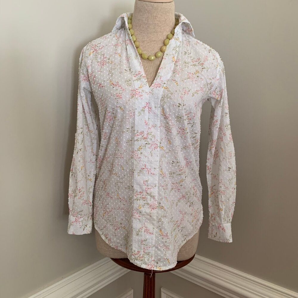 Seaplane Cotton Swiss Dot Split Neck Popover Long Roll Tab Sleeves Blouse XXS - Picture 1 of 12